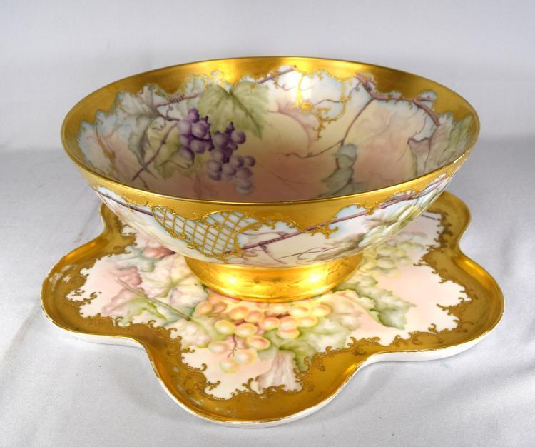 LIMOGES (WILLIAM GUERIN) HAND PAINTED PUNCH BOWL WITH UNDER TRAY: Lot 122