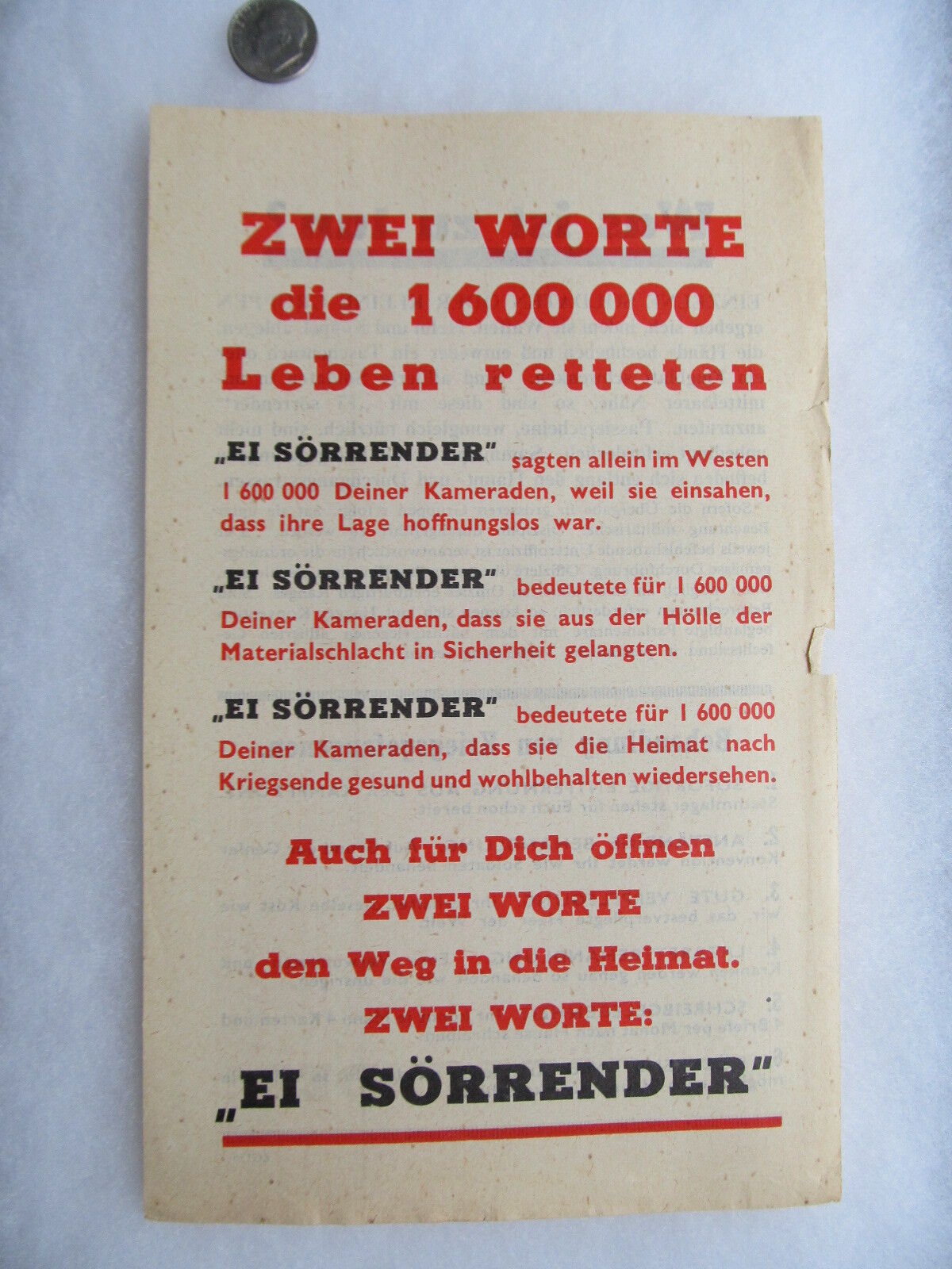 Orig. WWII Surrender Leaflet / Flyer, Dropped from Plane Over Germany, Airplane