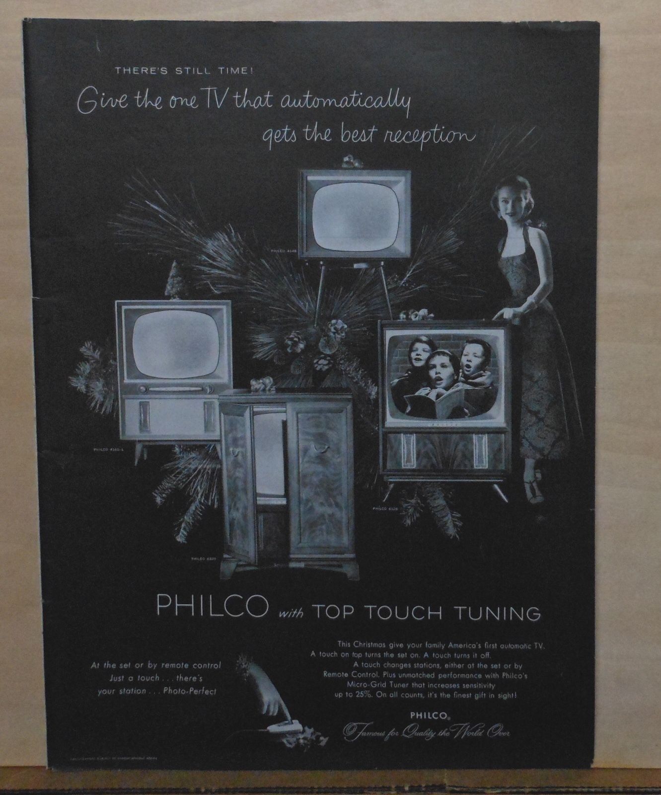 1955 magazine ad for Philco Television -Touch Top tuning, Christmas ad, 4 models