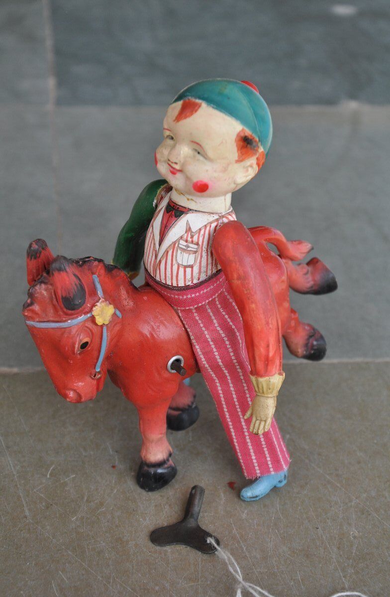 Vintage Circus Clown / Joker Riding Horse Wind Up Celluloid Toy , Japan