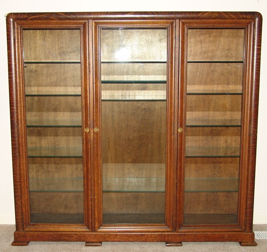 Oak Triple Door Bookcase Wavy Glass Doors Library Display Cabinet 3 Show Office 