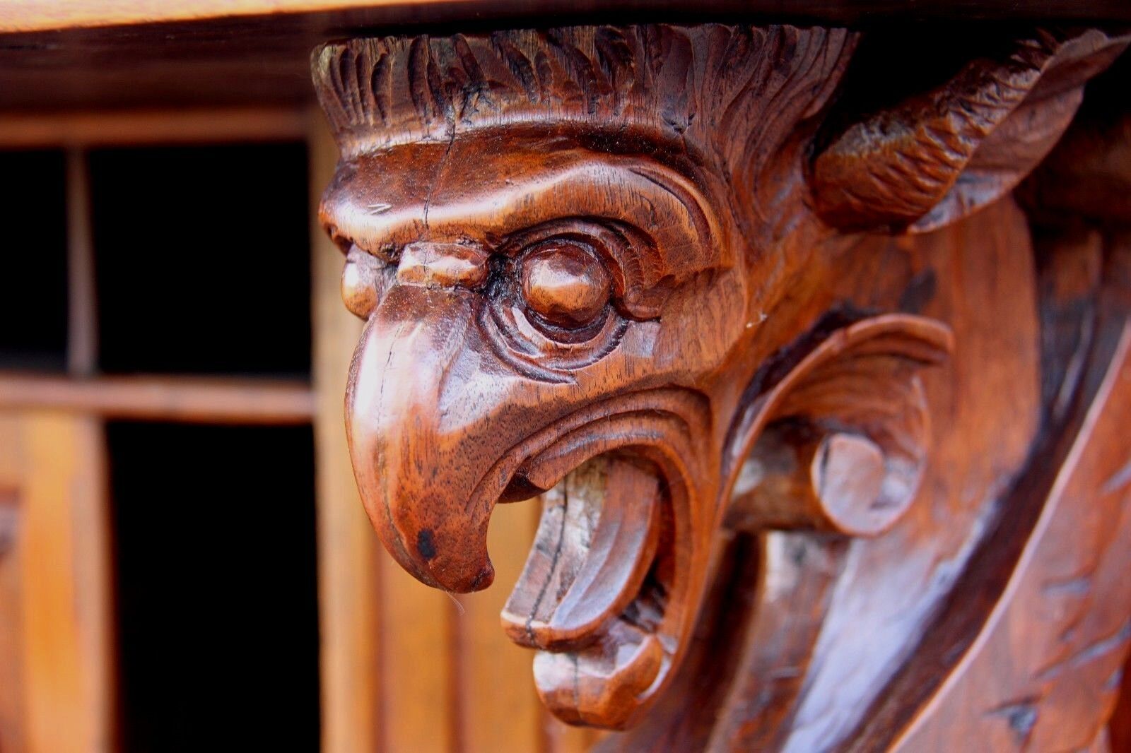 19C Arts & Crafts/Nouveau Carved Oak Desk Griffin/Gargoyle/Greek Goddess