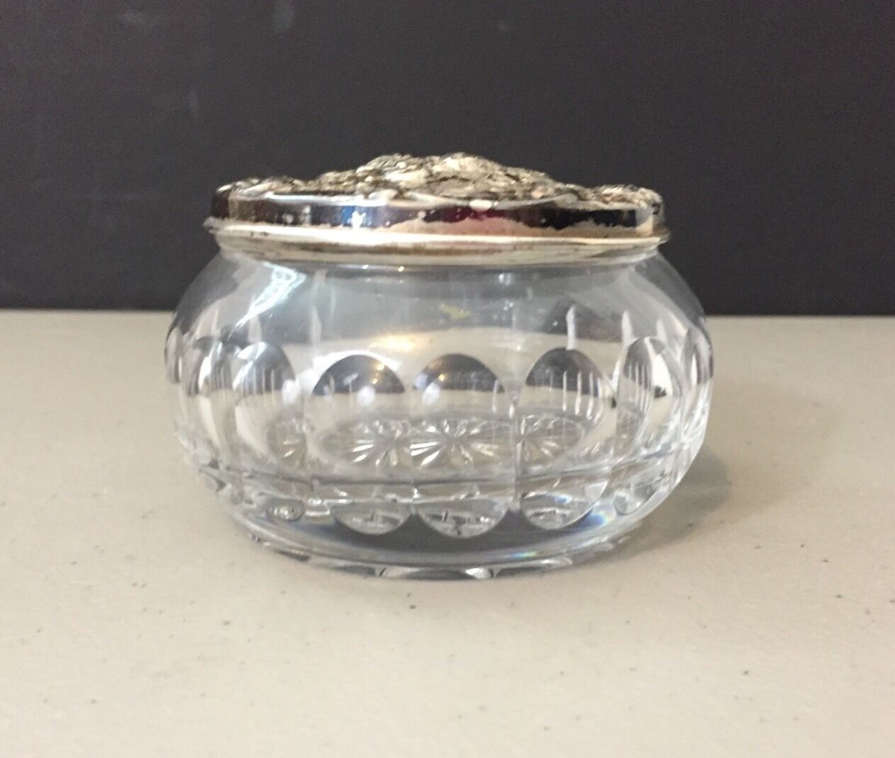 Silverplate Cut Glass Gorham 1847 EPYC Floral Scroll Repousse Vanity Powder Jar