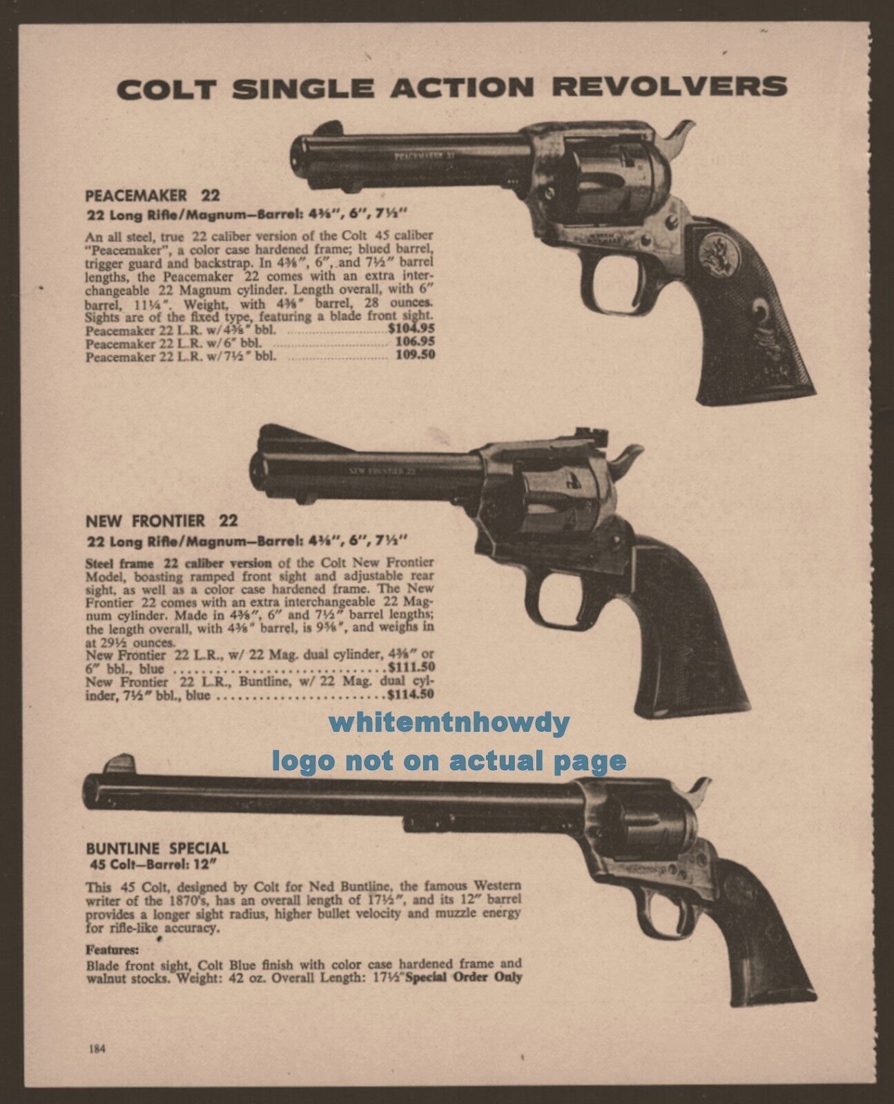 1973 COLT Peacemaker & New Frontier ,22, Buntline Special .45 Revolver AD