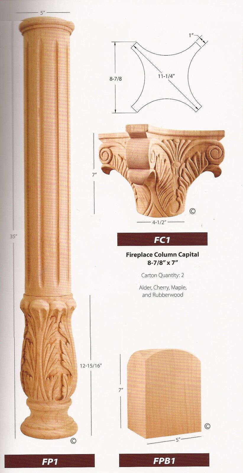 Fireplace Wood Set- 2  Columns, 2 Capitals, & 2 Base