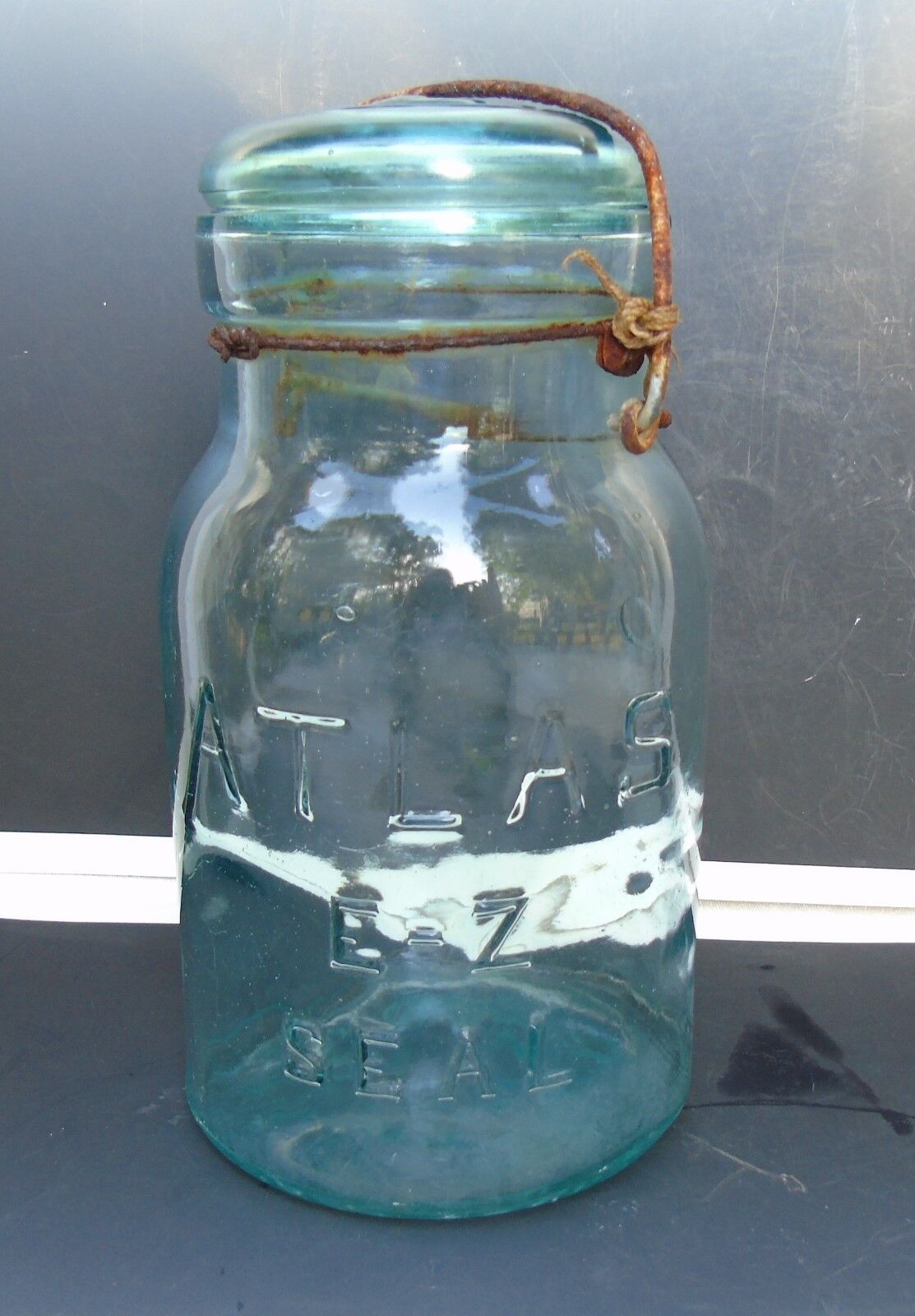 Antique Atlas E-Z Seal Quart Glass Fruit Canning Jar Aqua Blue Wire Bail Lid
