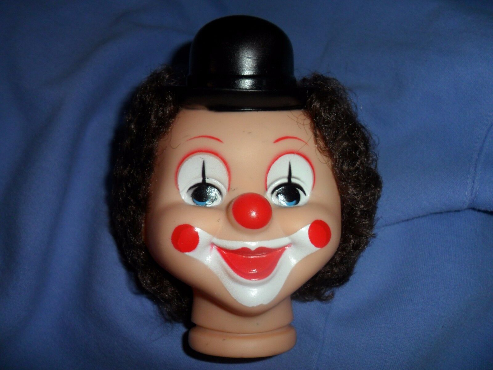 Vintage Vinyl Clown Head with Curly Brown hair - handpainted