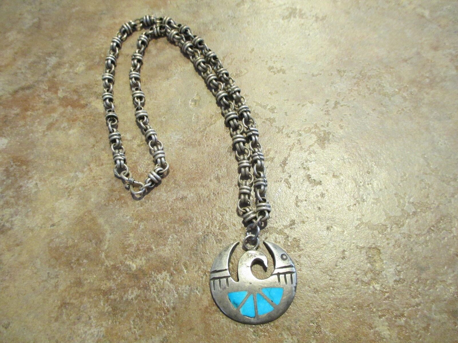 OLD Zuni Sterling Silver Necklace &  Inlay Turquoise BIRD Pendant      17 1/2\
