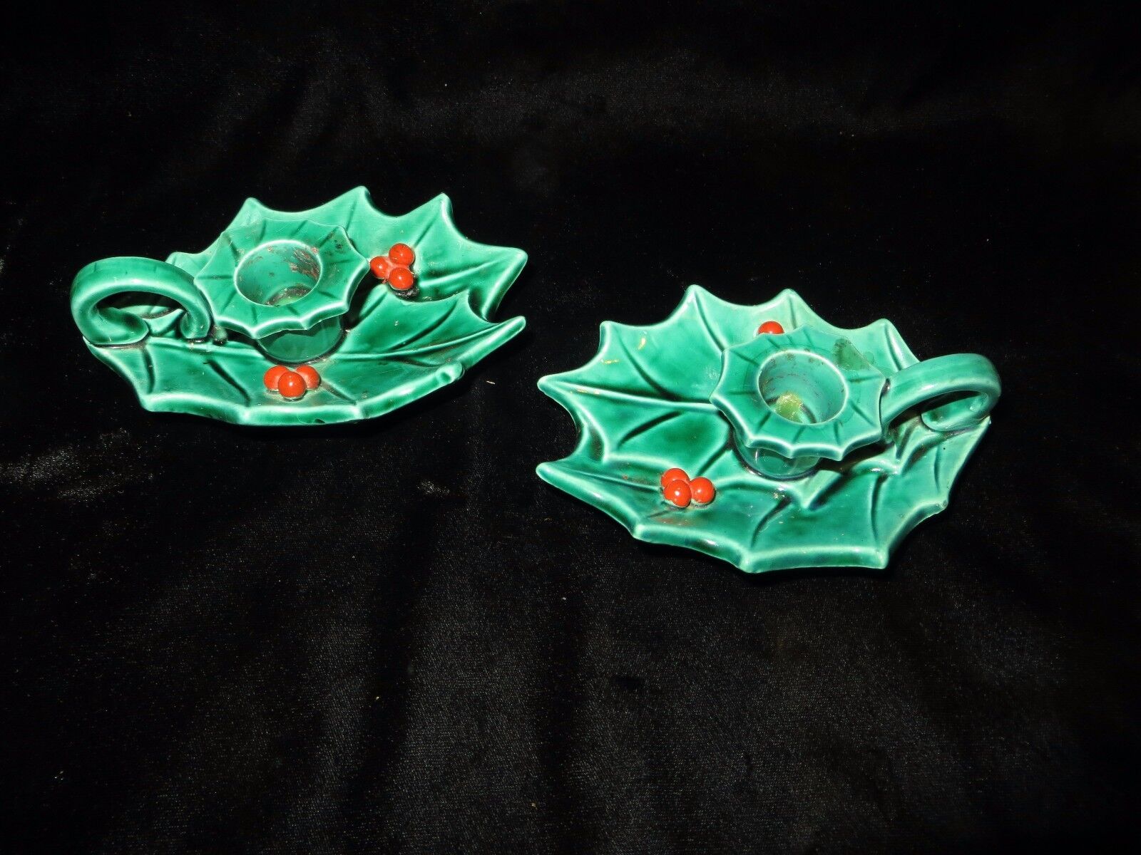 Vintage Pair of Ceramic Holly Leaf & Berries Candle Holders - Hallmark Nob Hill