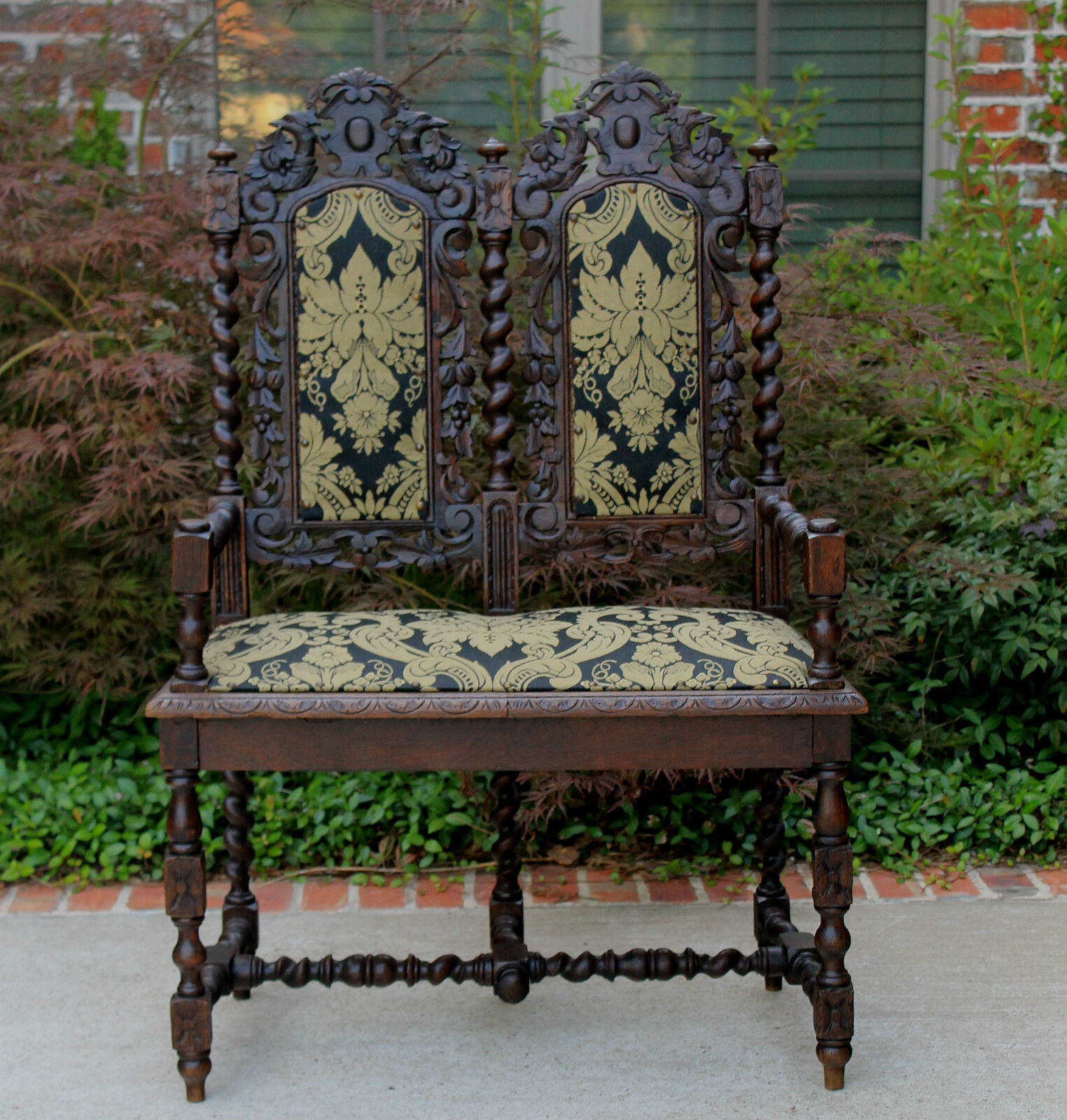 Antique French Dark Oak Barley Twist Black Forest HUNT Petite Settee Bench Chair