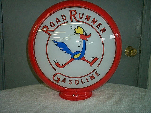  gas pump globe Road Runner reproduction 2 GLASS LENSES in a RED plastic body