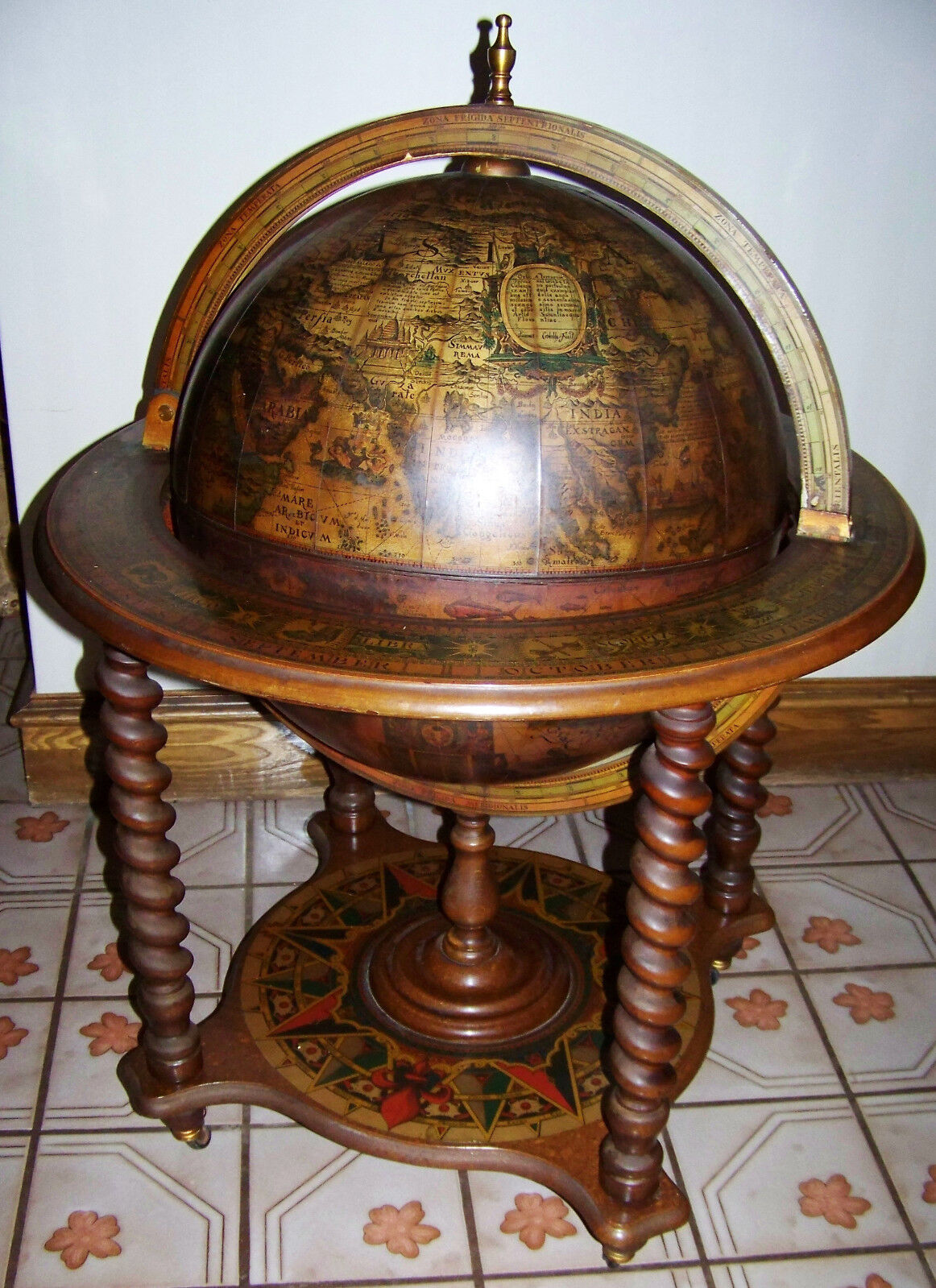 Antique Barley Twist Liquor Cocktail Cabinet Old World Map Globe Bar Vtg Wheels