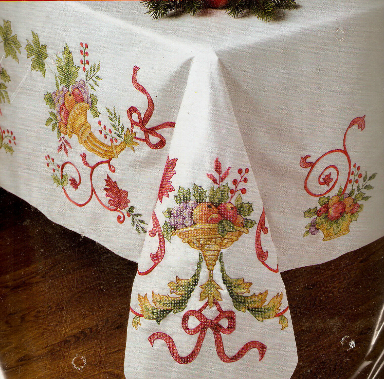 Bucilla Holiday Cornucopia Christmas Tablecloth Stamped Cross Stitch Kit 60X104