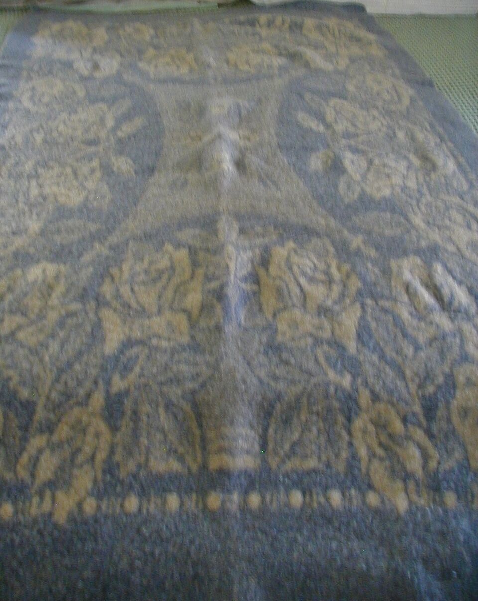 Vtg Blue 100% Wool Reversible Blanket Roses Golden Dawn St Moritz Felted 68 x 40