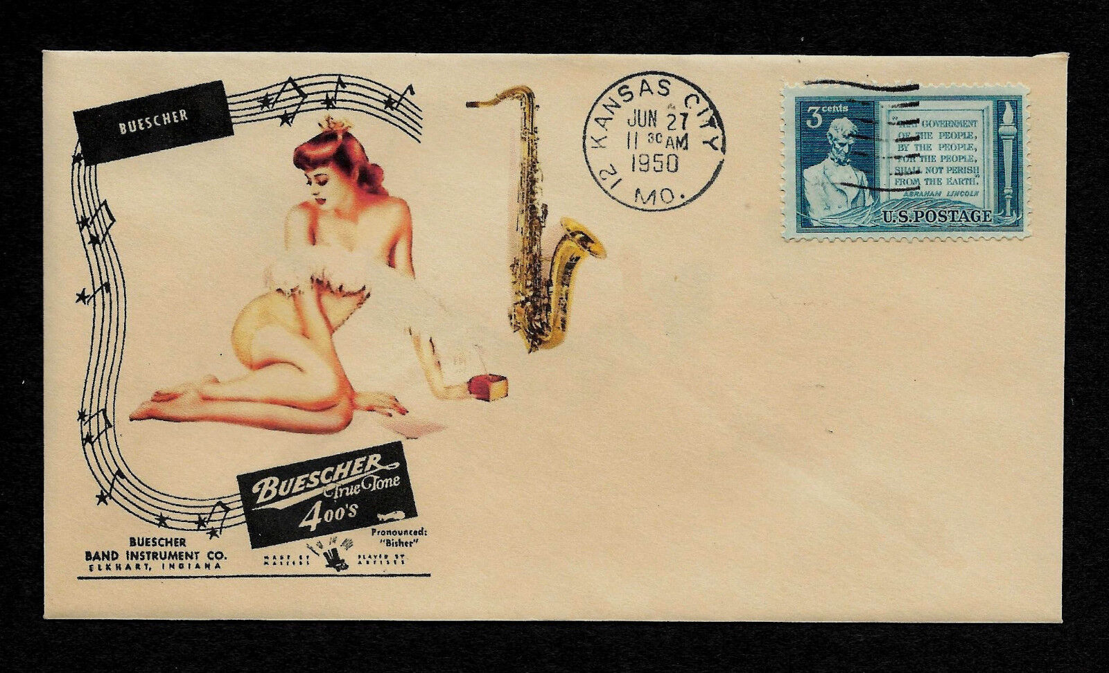 1950 Buescher Top Hat & Cane & Pin-Up Featured on Collector\'s Envelope *OP459 