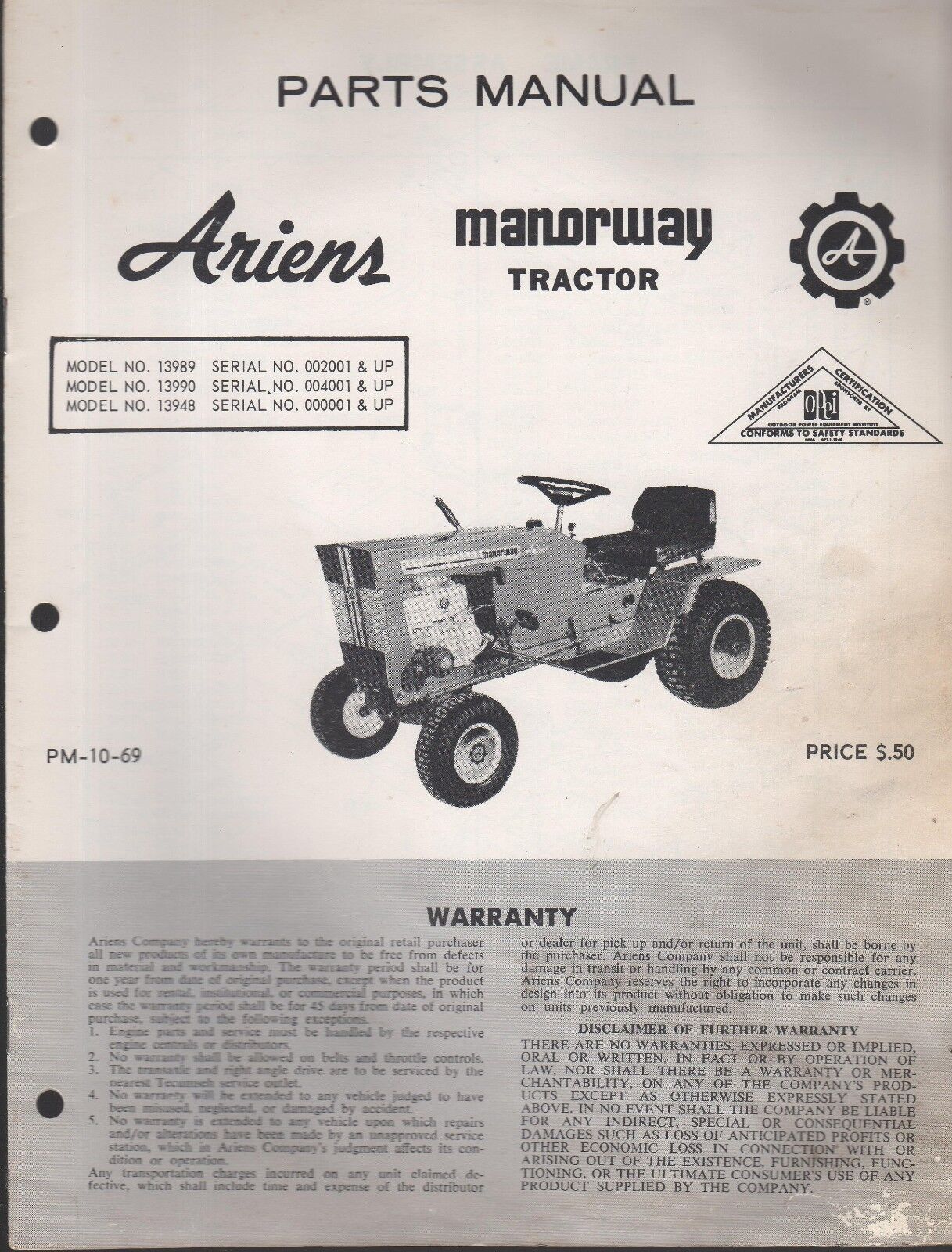 ARIENS MODEL 13989,13990,13948 MANORWAY TRACTOR PARTS MANUAL PM-10-69  (772) 