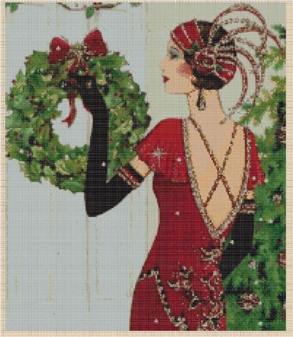 Cross Stitch Chart ART DECO LADY with Christmas Wreath - # 10vb-56 (Large Print)
