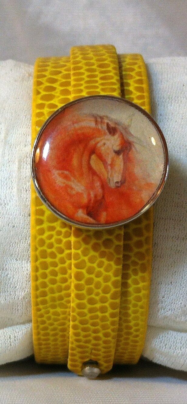 Leather SNAP BRACELET Horse Snap FIRE ORANGE HORSE Yellow Orange Red  *BUBBLES*