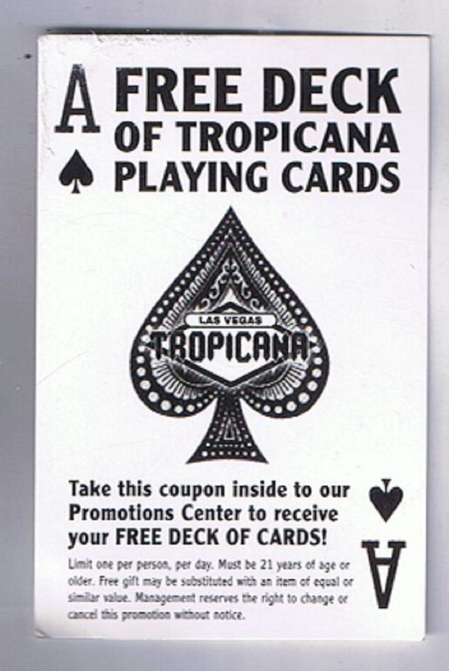 Tropicana Hotel Casino Free Deck Of Cards Coupon Las Vegas Nevada