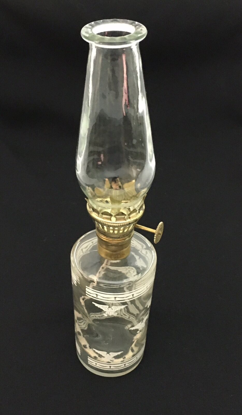 Vintage Small Glass Oil Lamp American Eagle Design Brass Wick Adjuster Hong Kong