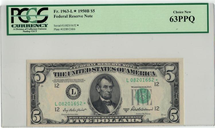 1950-B $5 PCGS Choice New 63PPQ Federal Reserve Note Lot 894