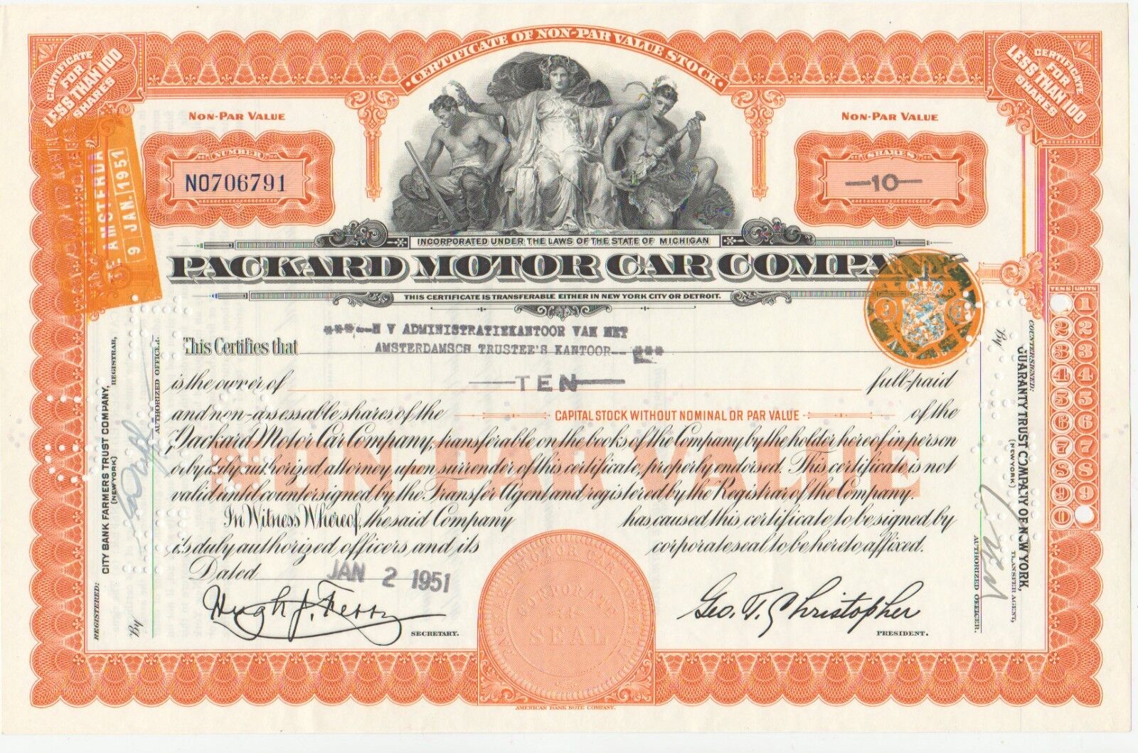 1951 PACKARD MOTOR CAR CO. STOCK CERTIFICATE MICHIGAN USED FINE