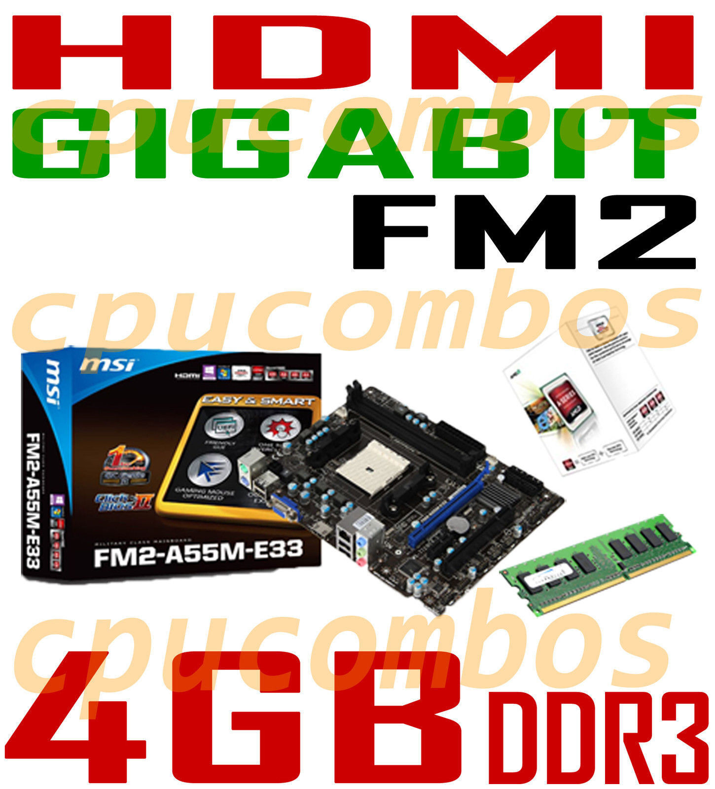 GAMING COMBO AMD A4-6300 CPU+4GB DDR3 RAM+MSI FM2-A55M-E33 HDMI Motherboard