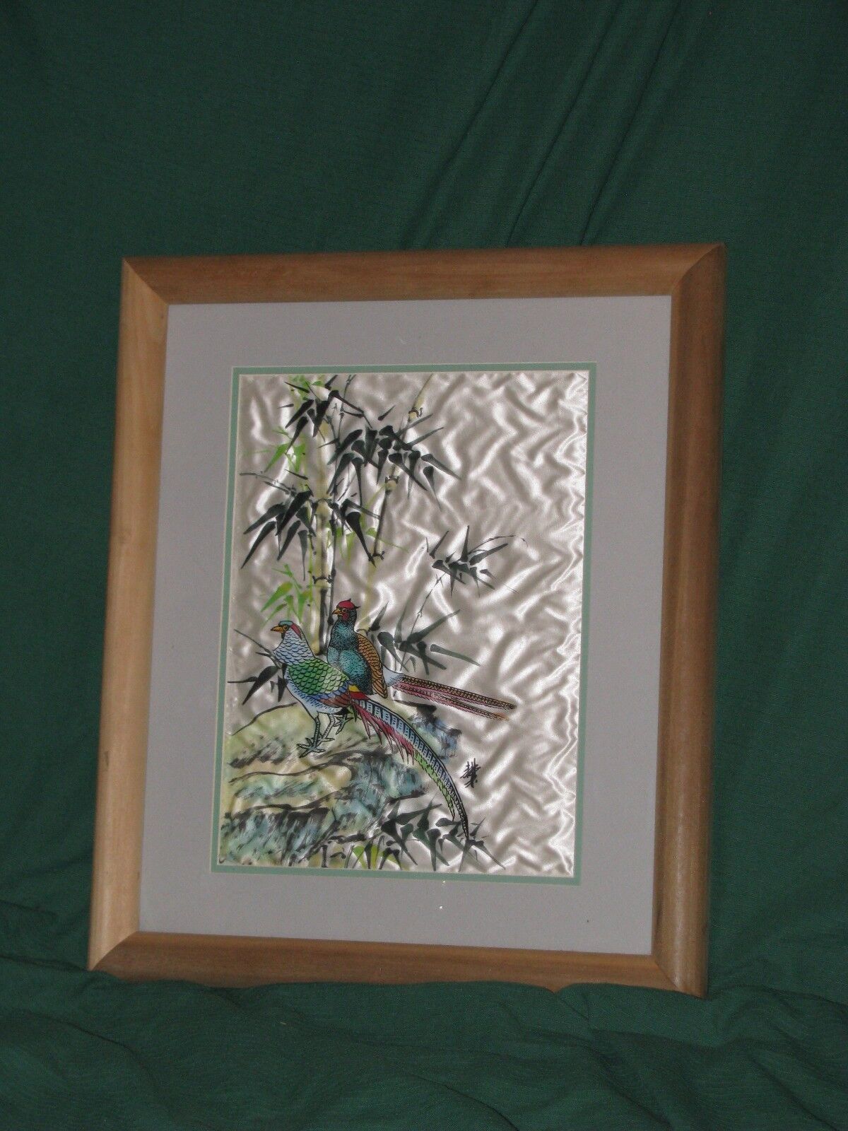 Oriental Silky Pheasant Bamboo Artwork with Solid Wood Frame-John M. Osso-22x18
