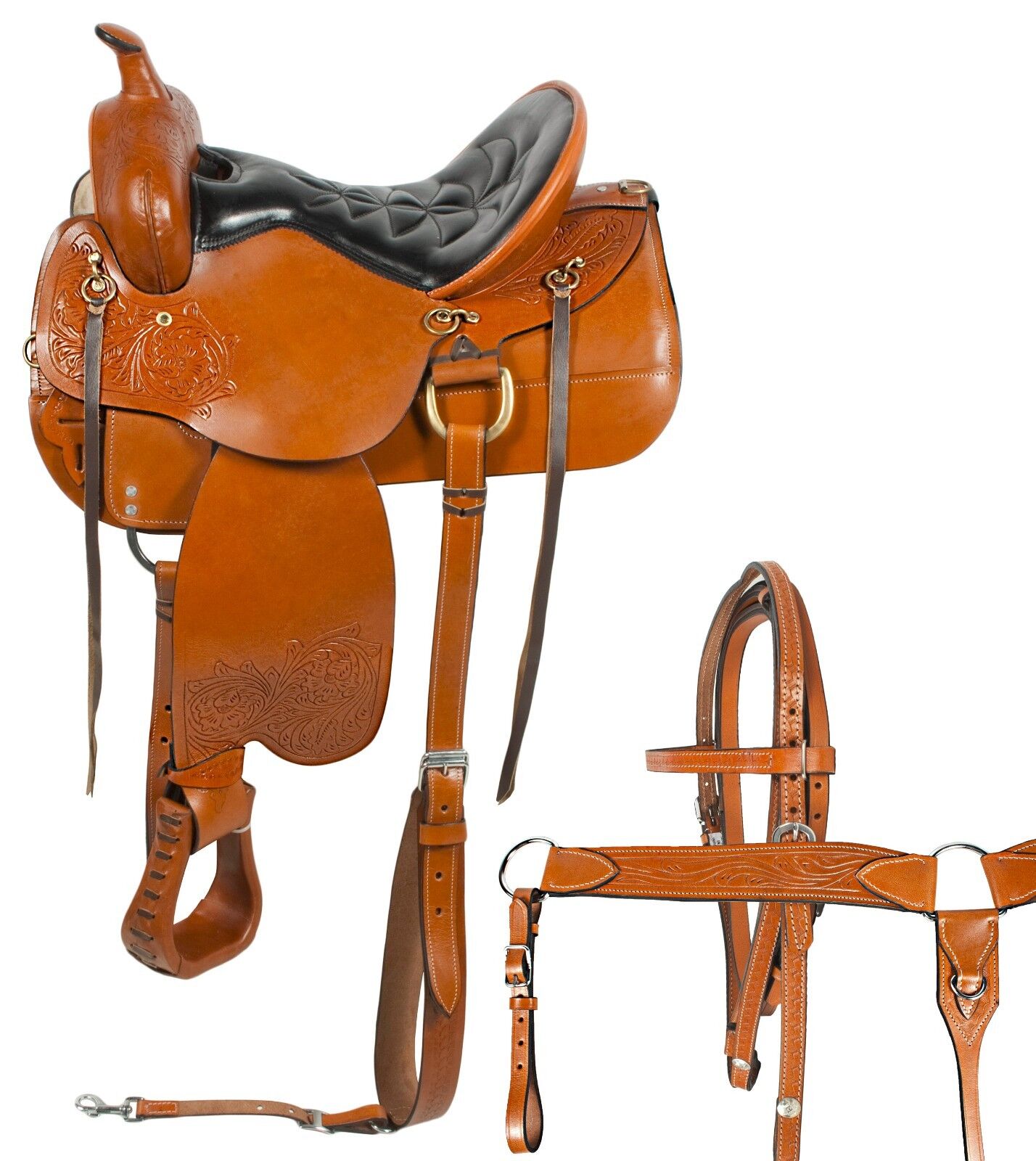 16 Tan Comfortable Western Trail Leather Mule Endurance Horse Saddle Tack Pkg
