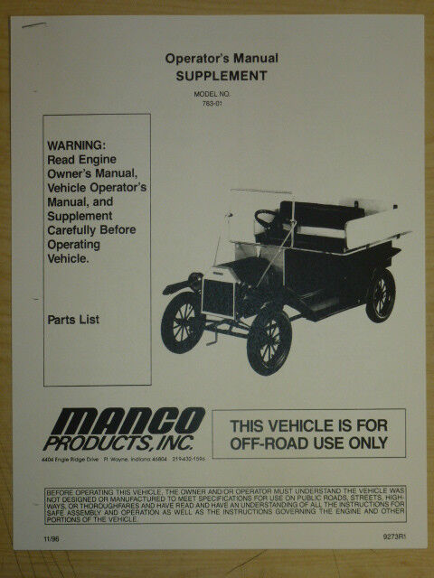 MANCO 763-01 GO-KART SUPPLEMENT OPERATOR PARTS LIST MANUAL CART