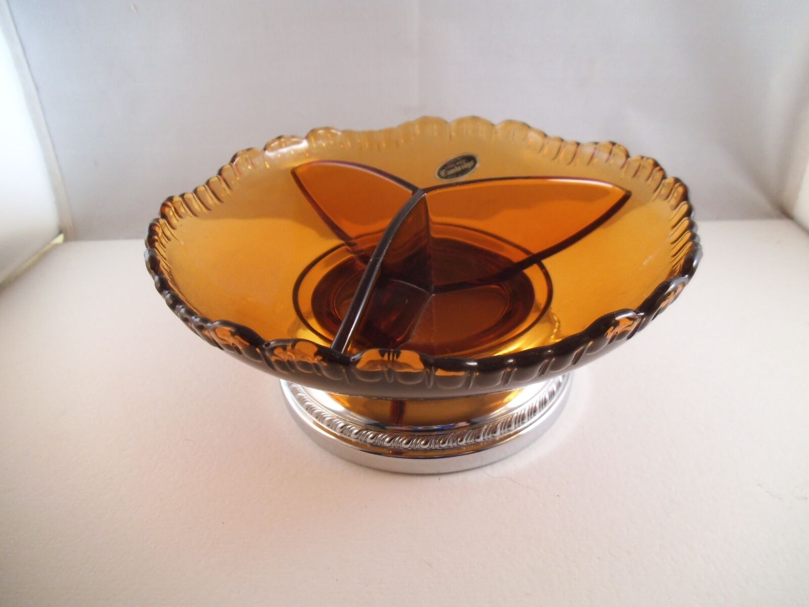 Vintage Cambridge Amber Glass Pedestal Divided Candy Nut Dish Farberware