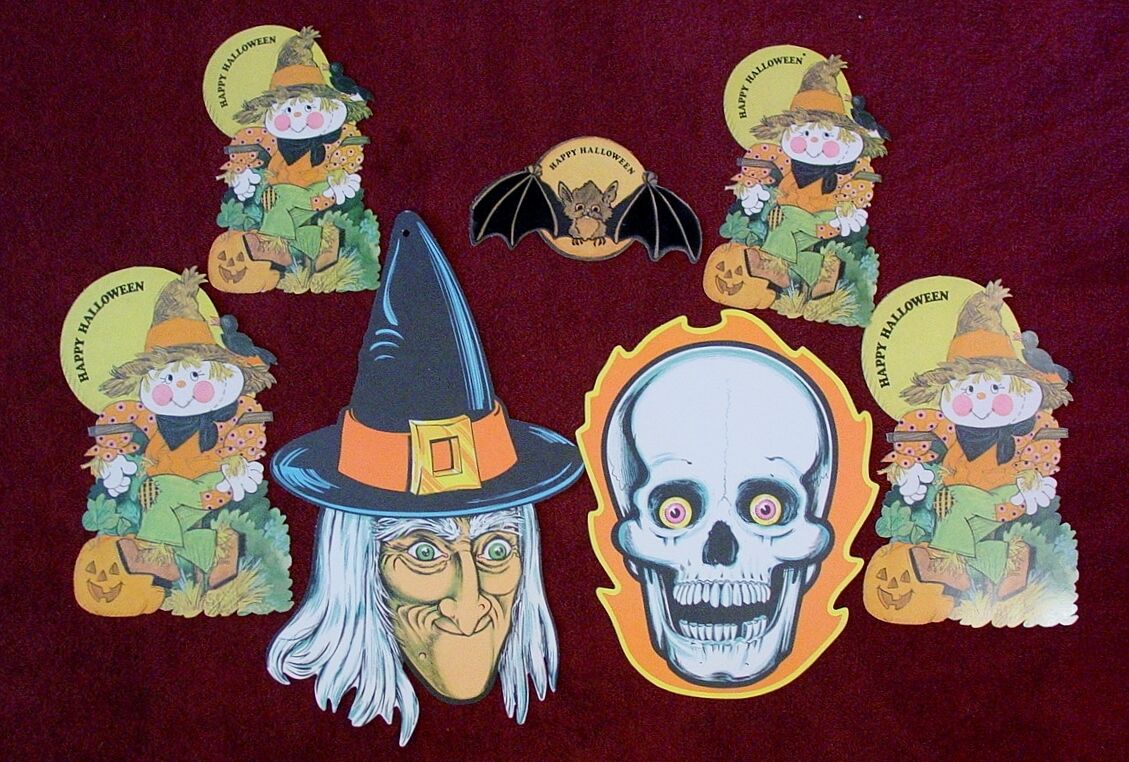 7 UNUSED Beistle Halloween Diecut  Decorations WITCH - FLOCKED BAT - SCARECROW