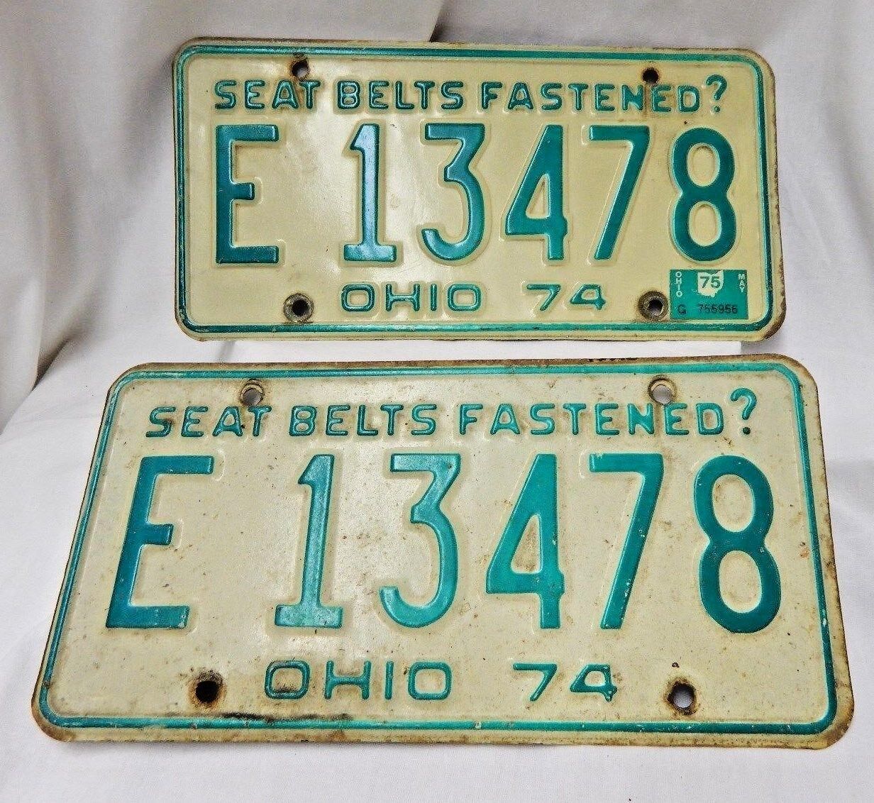 Vintage Ohio 974 Car License Plates - Pair of 2- Seat Belts Fastened?