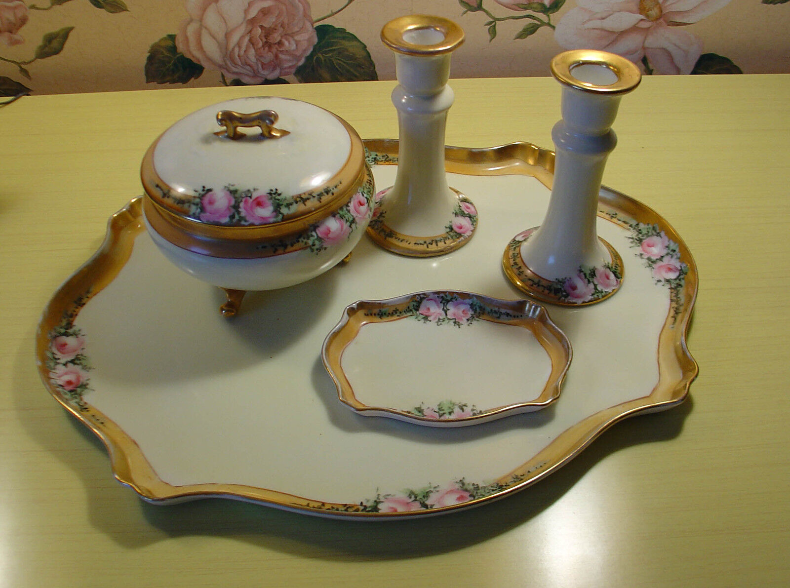 vintage dresser tray set candleholders powder or trinket box small tray Limoges 
