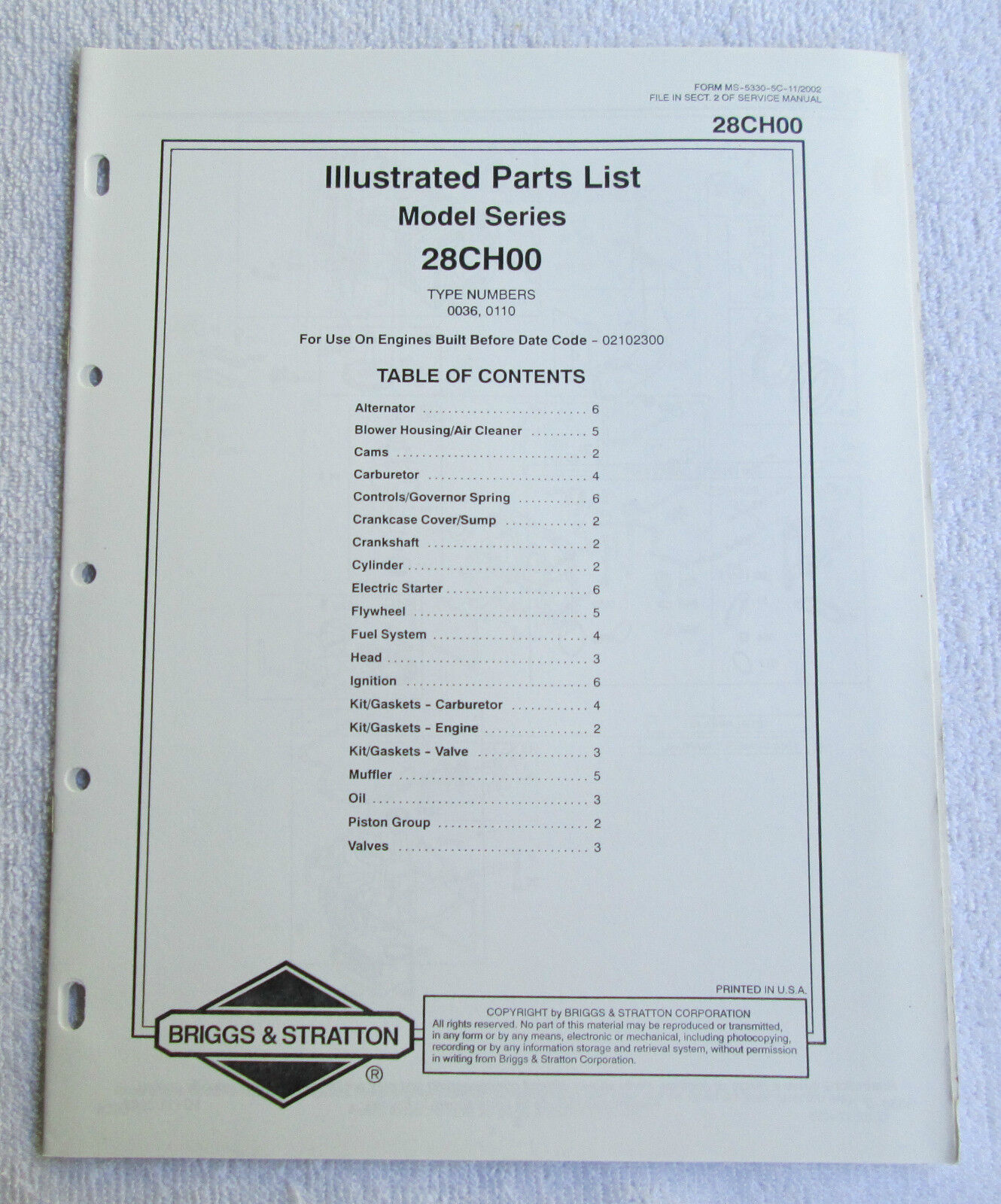 Briggs & Stratton Engines Illustrated Parts List Model Series 28CH00 USA Manual