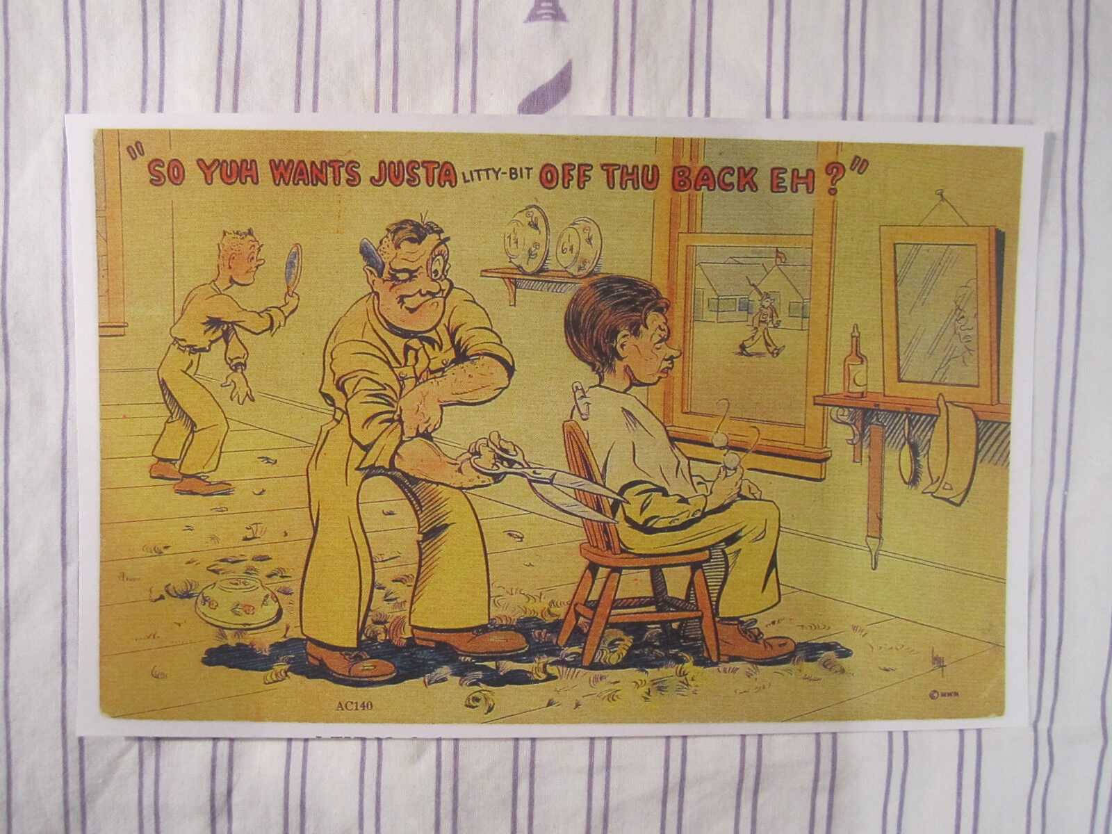 WWII Vintage Humorous MILITARY BARBER HAIRCUT Color Drawing Litho Sign Ad