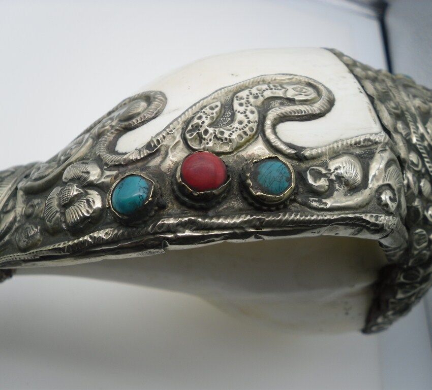 10.2inch Old Ancient Chinese hand made turquoise jewelry tibetan silver conch