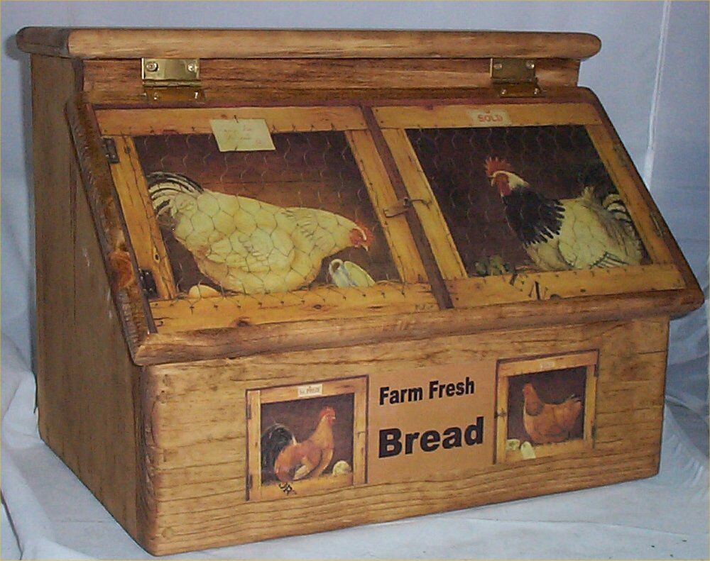 Bread Box Solid Hard Wood Rooster Farm Country Kitchen Stained Golden Oak USA