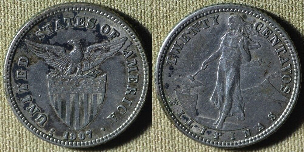 Philippines : 1907S 20 Ct  XF-AU  Cleaned in  Past , Toning #170  IR5055