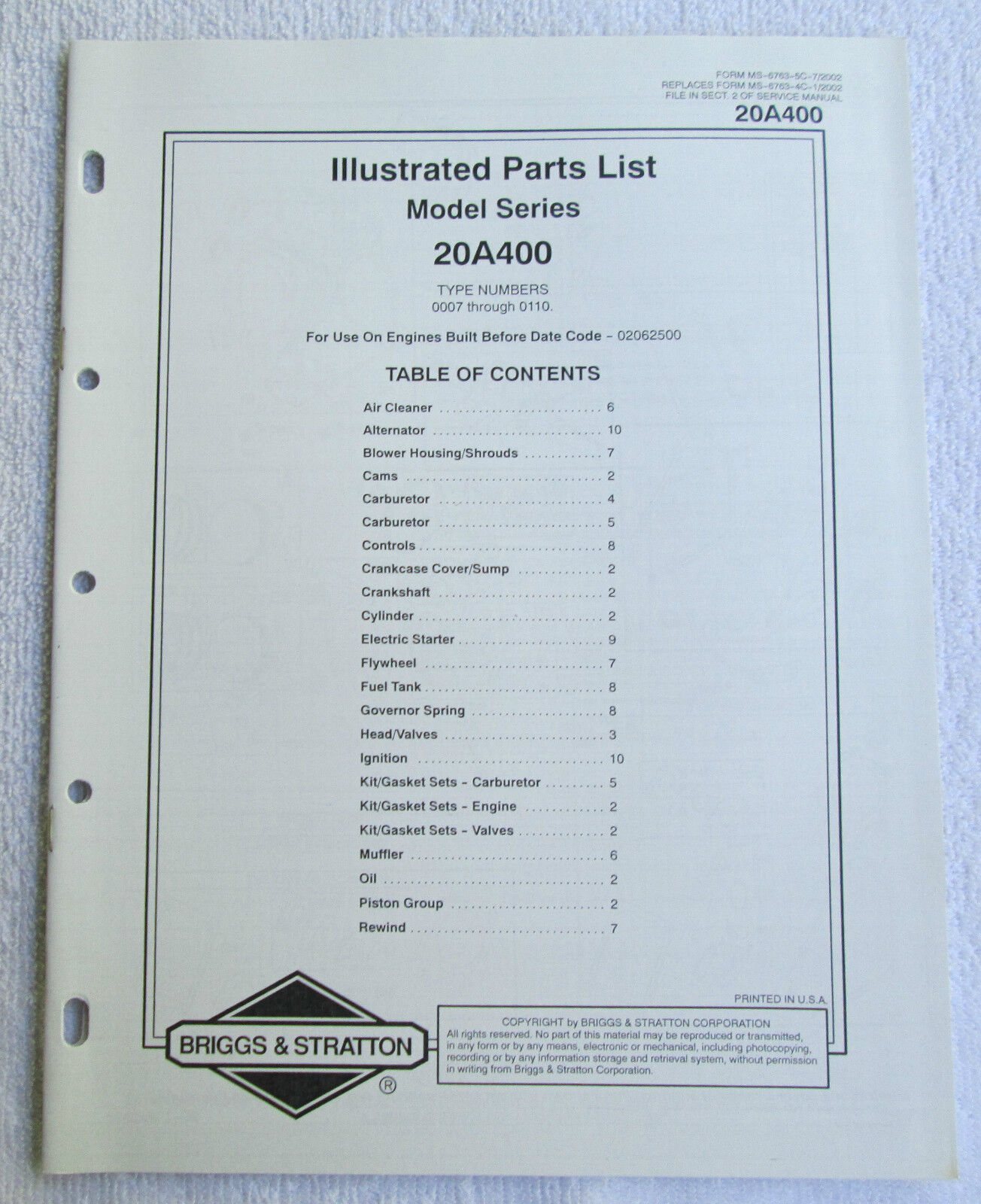 Briggs & Stratton Engines Illustrated Parts List Model Series 20A400 USA Manual