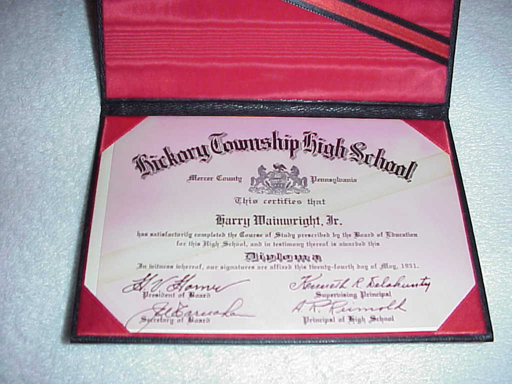 1951 Hickory Township High School Deploma - Mercer County, Pennsylvania