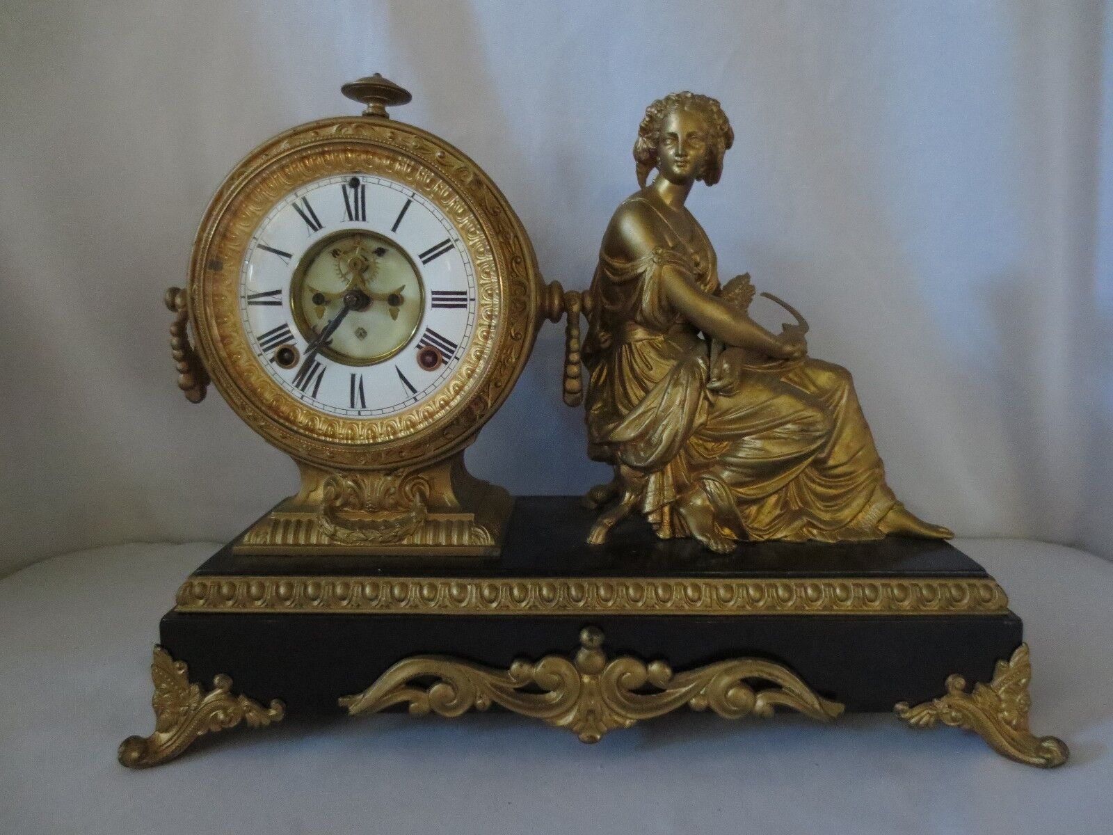 Rare 1881 Antique Ansonia Iron Demeter Statue Mantel Clock Open Escapement