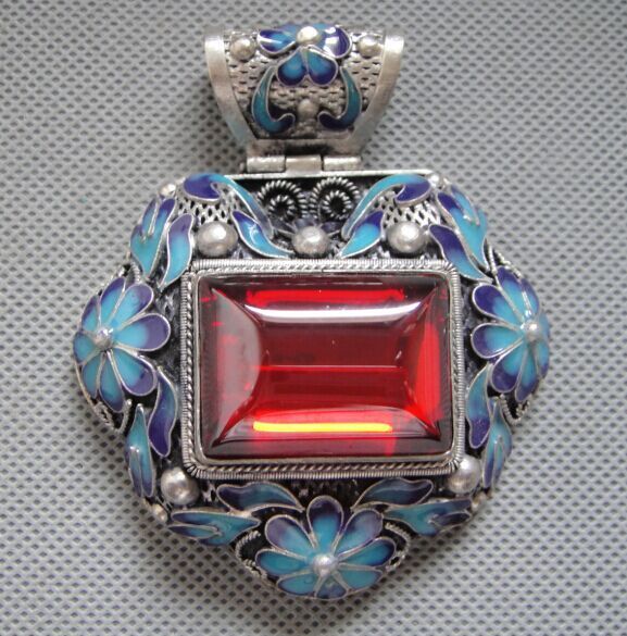 Antique Chinese Silver & Enamel Carved Flowers Mosaic Red Zircon Pendant 65g
