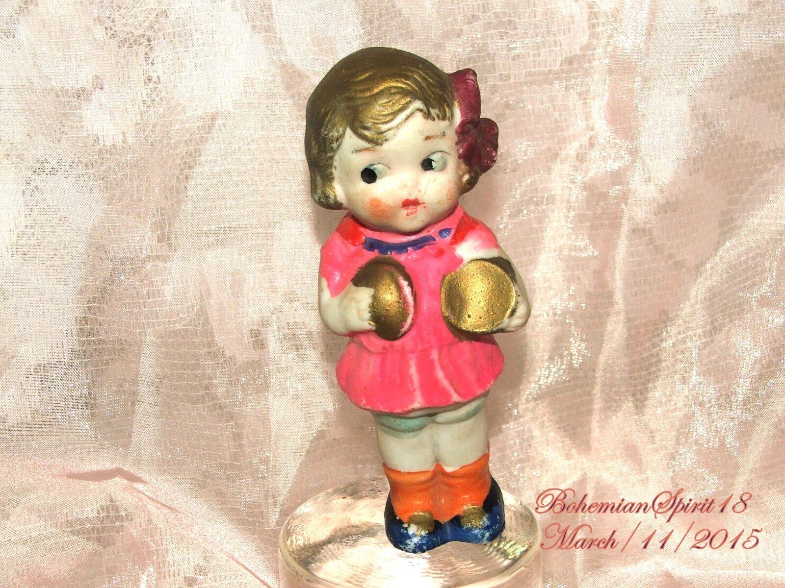 ANTIQUE JAPAN 1930\'s BISQUE FROZEN CHARLOTTE HOLDING BELLS CYMBAL MINIATURE DOLL