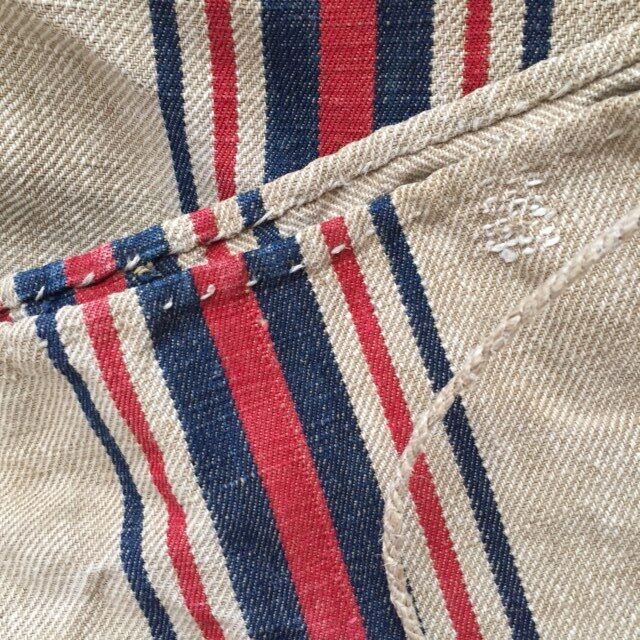 2 Antique FRENCH Timeworn Red/Navy Stripe HEMP LINEN FEED SACKS GRAIN BAG 1800\'s