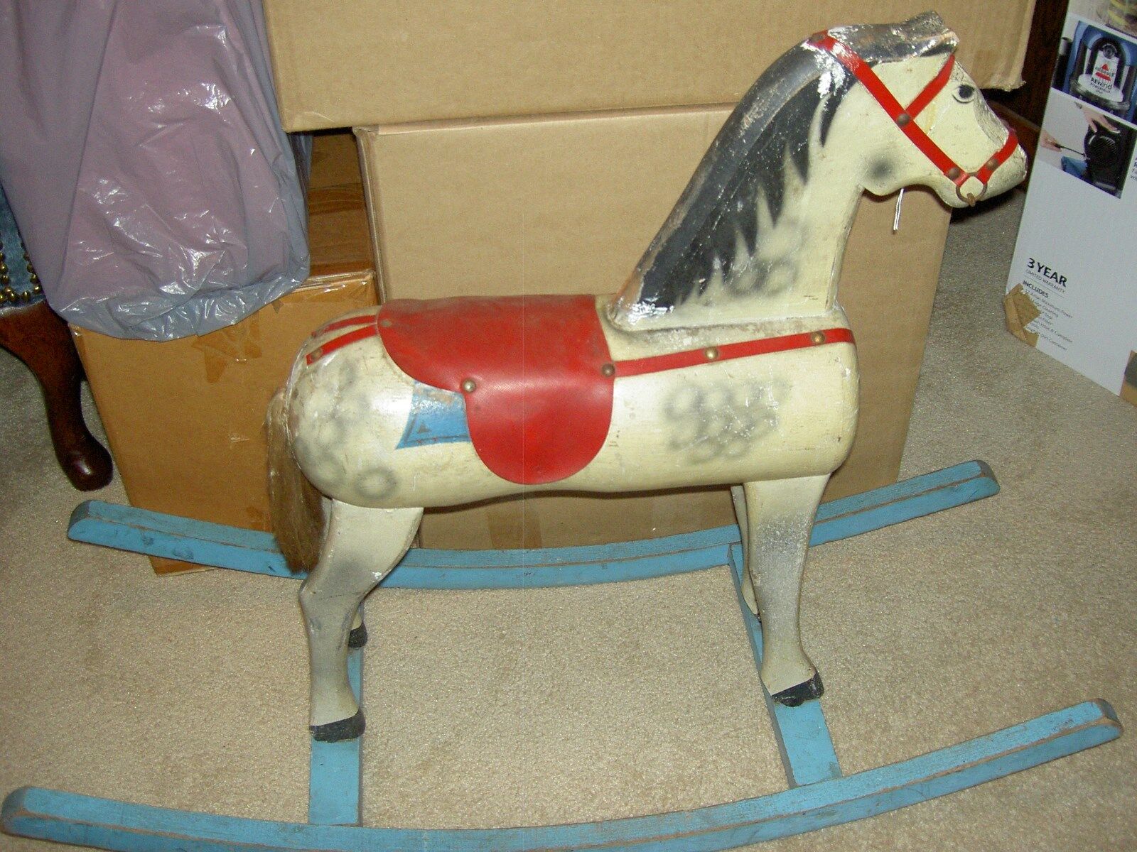 Large heavy, antique wood rocking horse, ride-on sturdy dapple grey pony