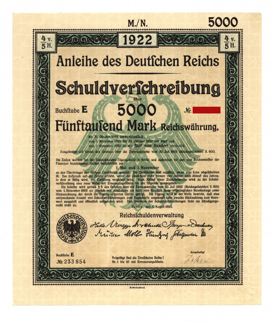 German Government: uncancelled 5,000 Mark Bond 1922, complete with coupons