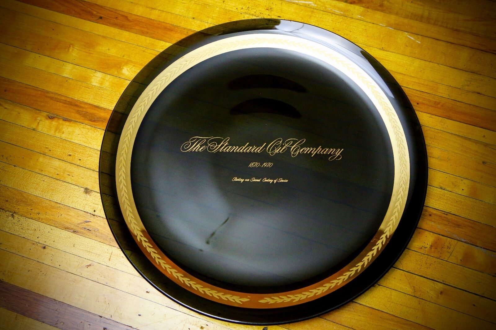 Standard Oil Co.100th Anniversary Commemorative Black Glass Plate, 1870-1970 Vtg