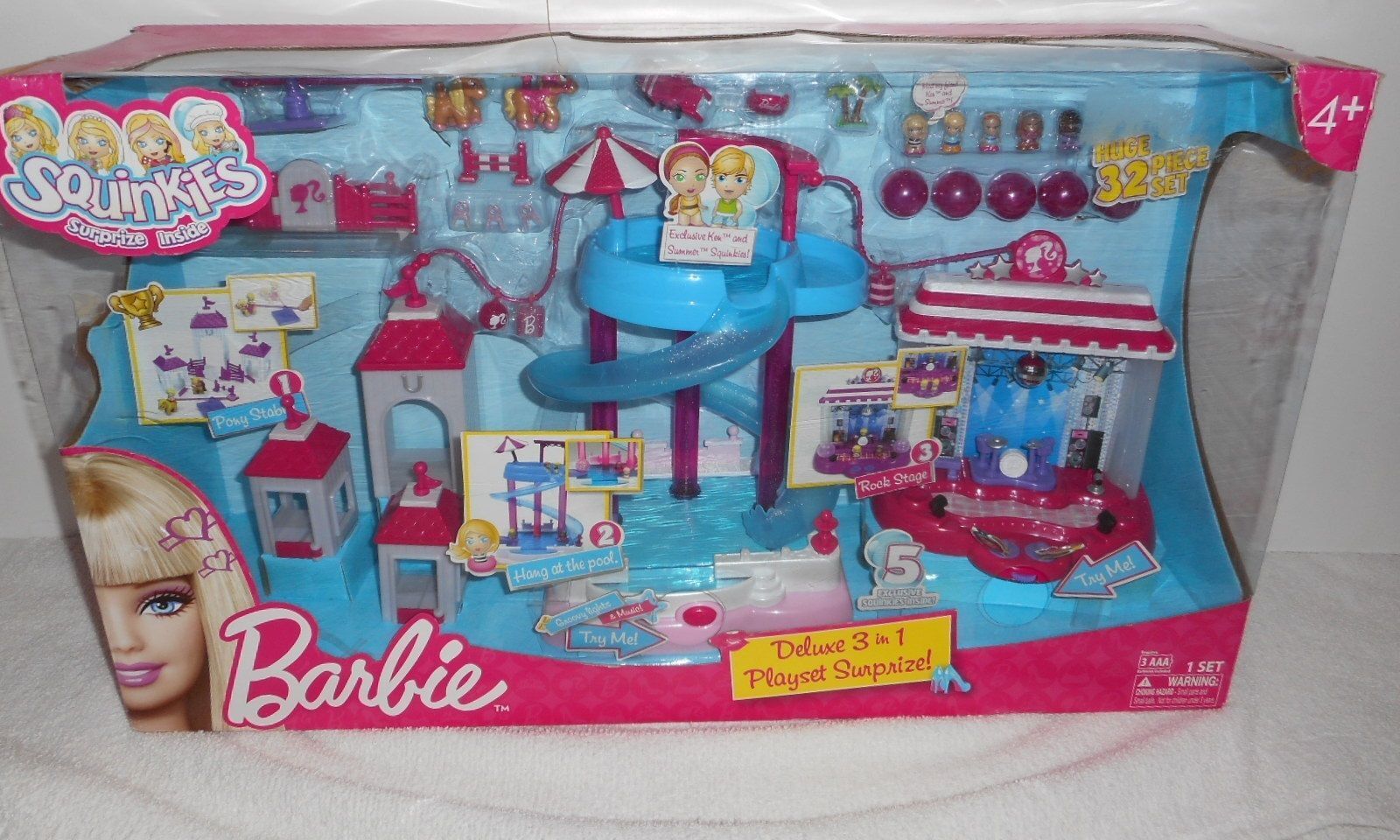 Barbie Squinkies Deluxe 3-in-1 Playset Waterslide, Rock Stage, Stables NEW