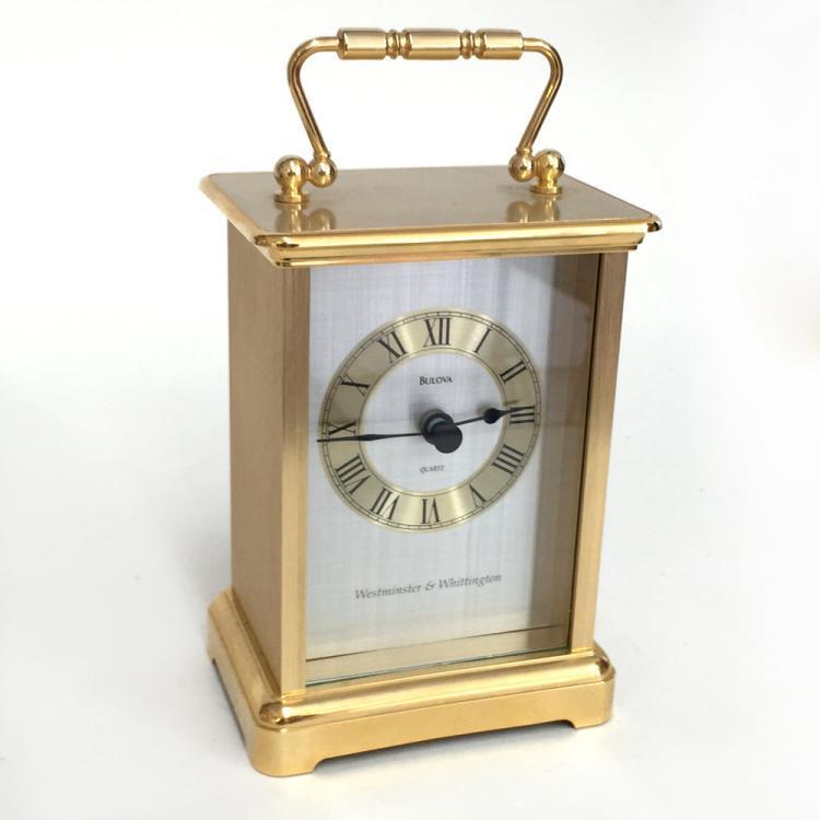 Gold tone rectangular shape table clock BULOVA Quartz, Westminster &... Lot 347D